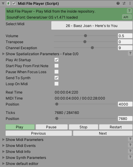Maestro MIDI File Player settings when running