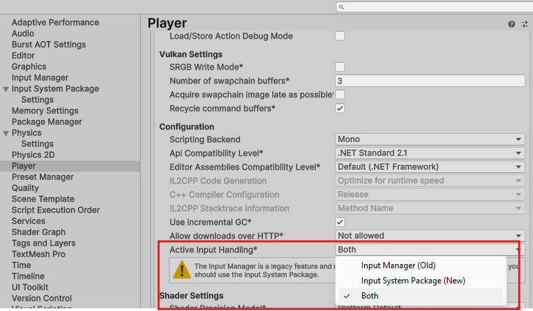 o to Project Settings / Player and activate both.